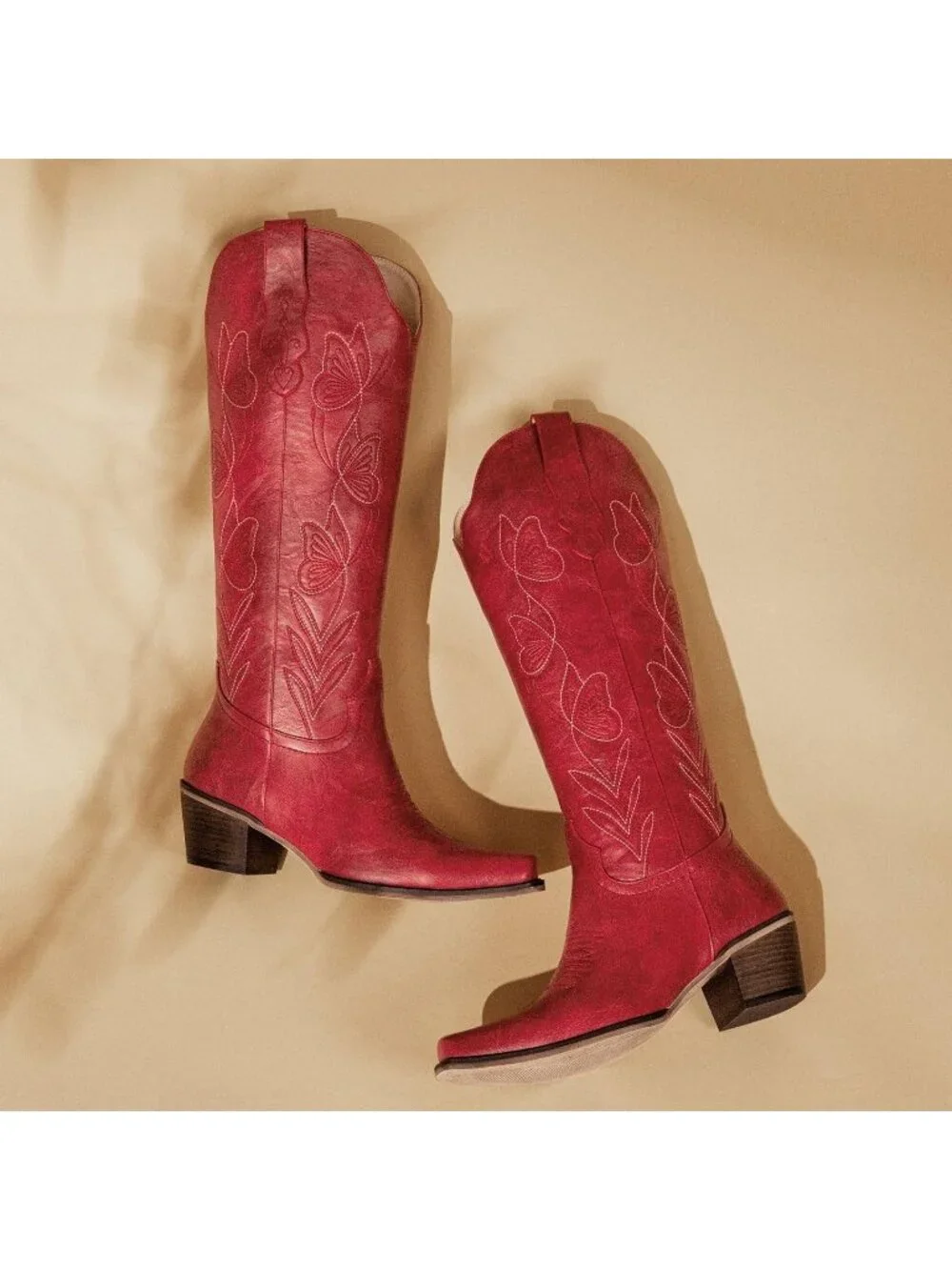 Women's Retro Red Butterfly Faux Leather Knee High Western Style Cowgirl Boots
